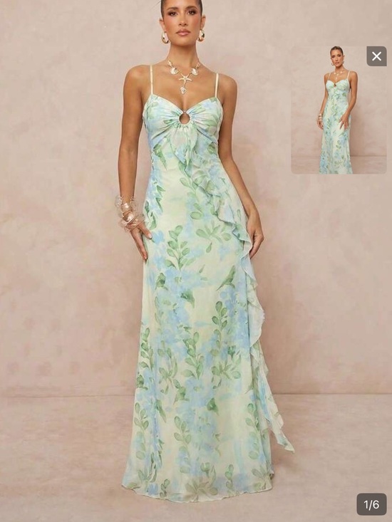 SHEIN Dresses & Skirts - SHEIN Light Blue & Green Floral Ring-Front Spaghetti Strap Maxi Dress